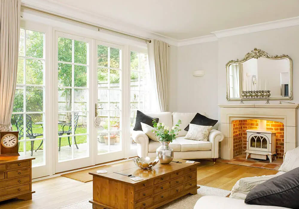 Dining area with white French doors