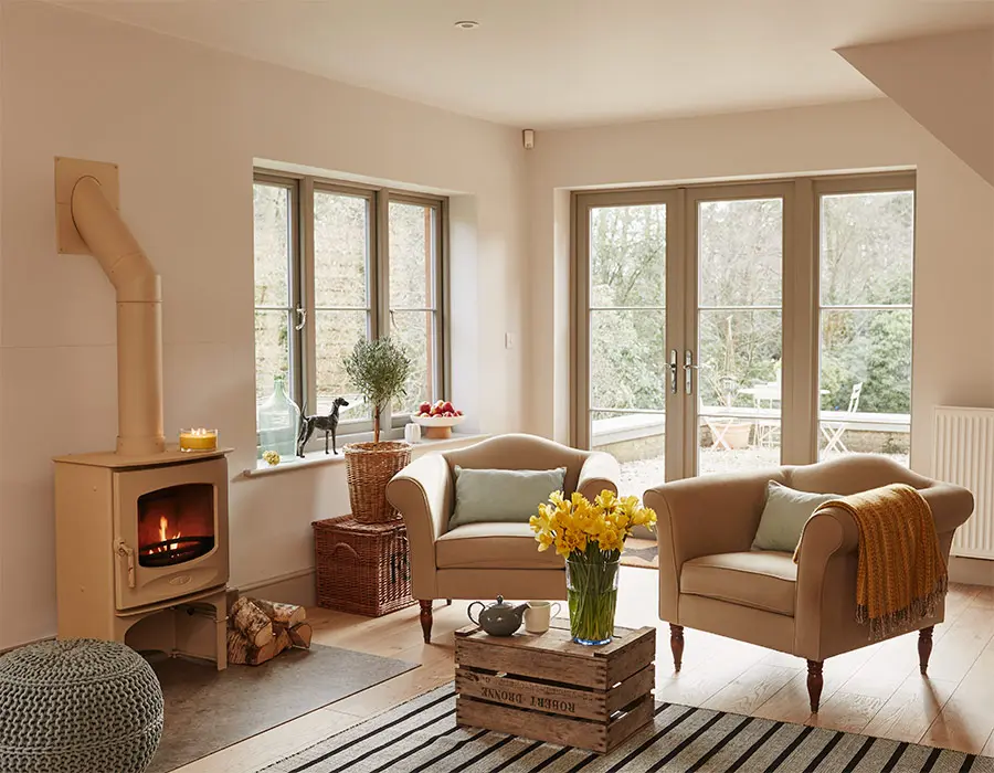 Fireplace room with French doors to sitting area