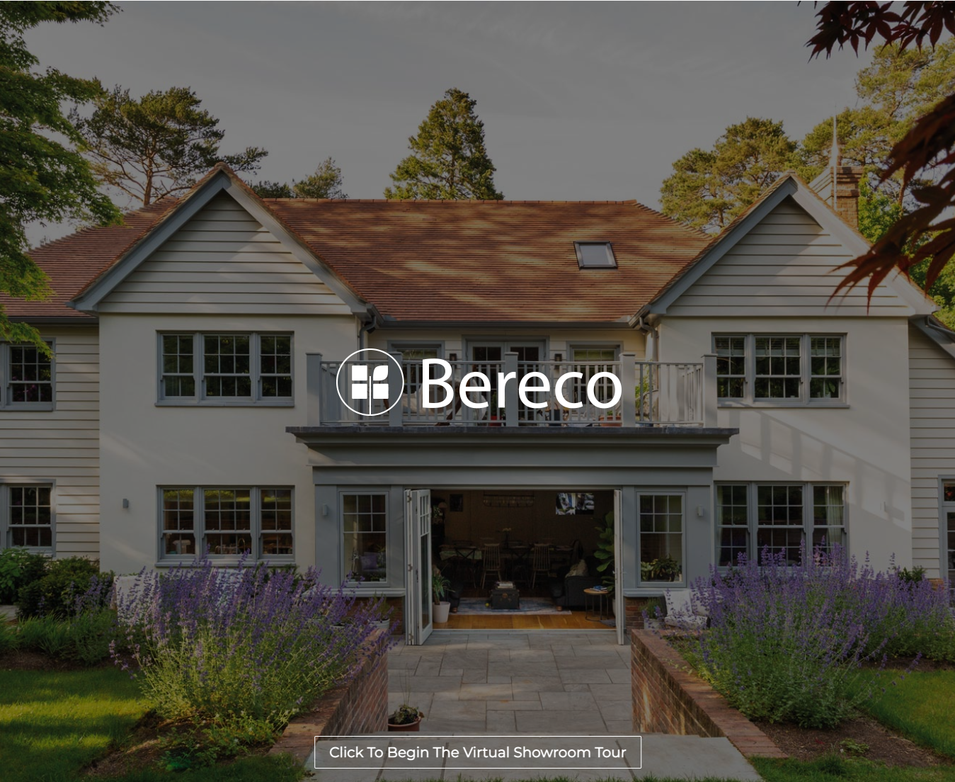 shaded image of a home showcasing bi-fold doors with the bereco logo in front
