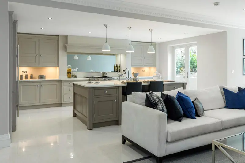 Sleek kitchen with white French doors