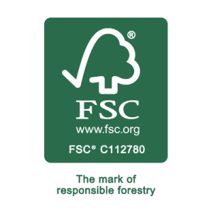 A white checkmark and tree icon above "FSC" text and URL "www.fsc.org" on a green background. Below it reads "FSC® C112780" and "The mark of responsible forestry".