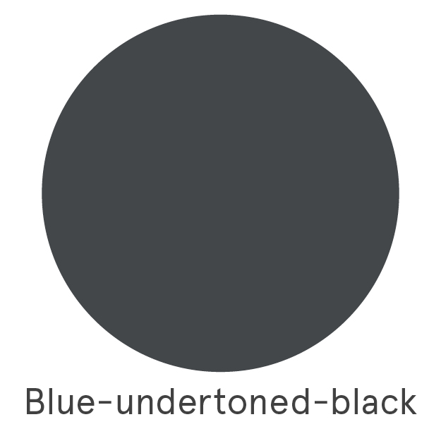A solid dark-colored circle with a blue undertone is centered on a white background. Text below reads, "Blue-undertoned-black."