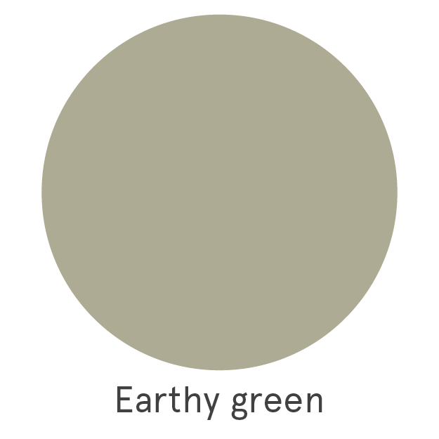A large, earthy green circle is centered on a white background. Below the circle, the text reads "Earthy green."