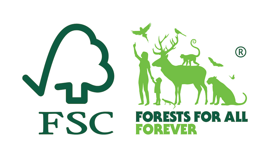 The FSC logo and "FORESTS FOR ALL FOREVER" text accompanying a green silhouette of a woman and child pointing at forest animals, including a deer, birds, and a monkey.