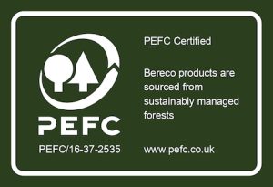 PEFC logo with text stating, "PEFC Certified. Bereco products are sourced from sustainably managed forests. PEFC/16-37-2535. www.pefc.co.uk" on a dark green background.